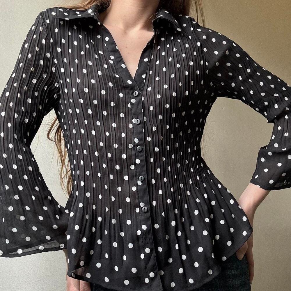 Y2K Sunny Leigh Black & White Polka Dot Button Up Blouse Petite Small Flirty
